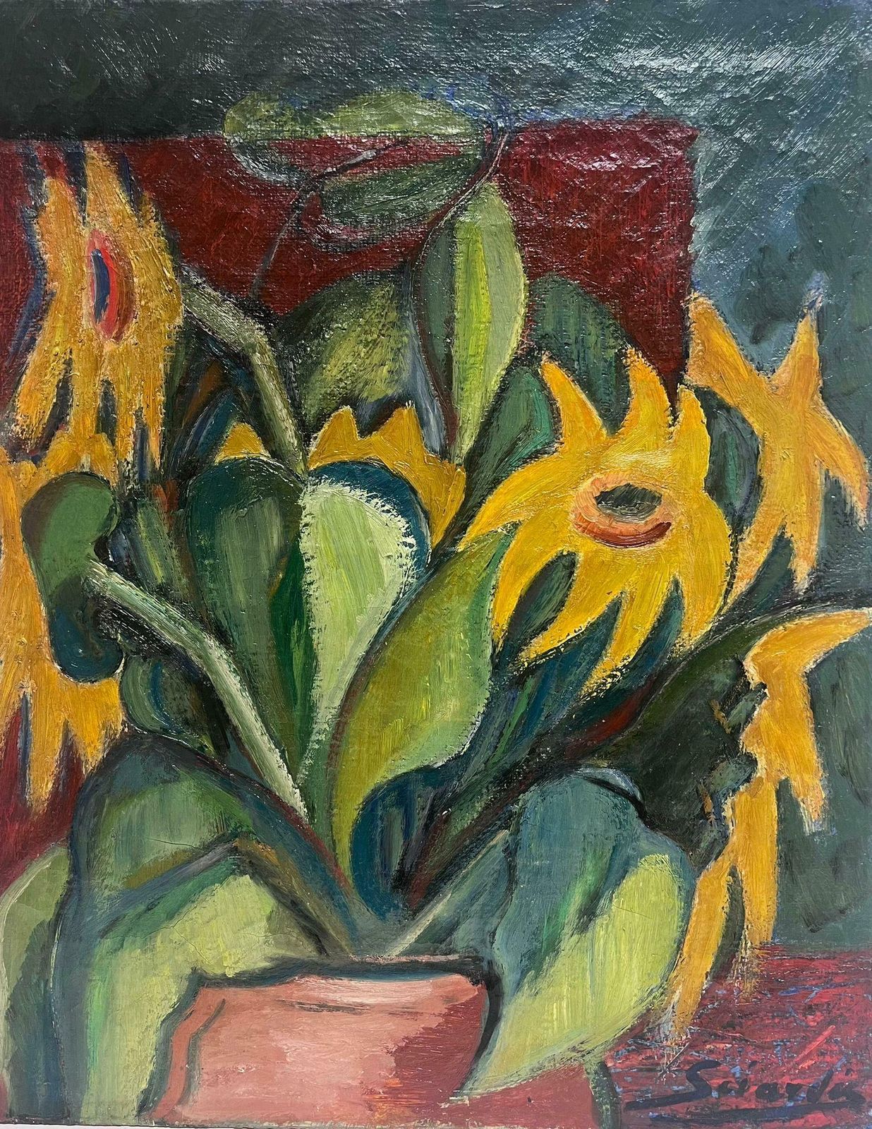French Schoolsunflowers In Vase Mid 20th Cent French Post Impressionist Signed Oil Painting