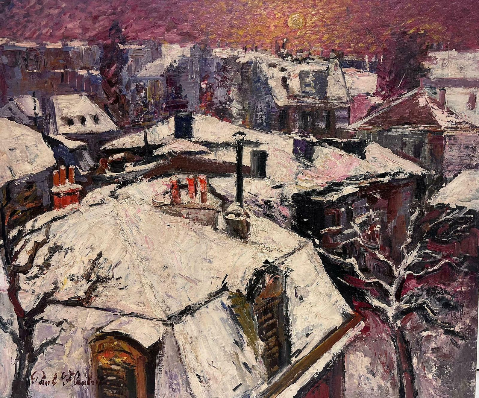 Paul Flaubertparis Roof Tops In The Snow At Dusk Signed French Impressionist Oil Painting