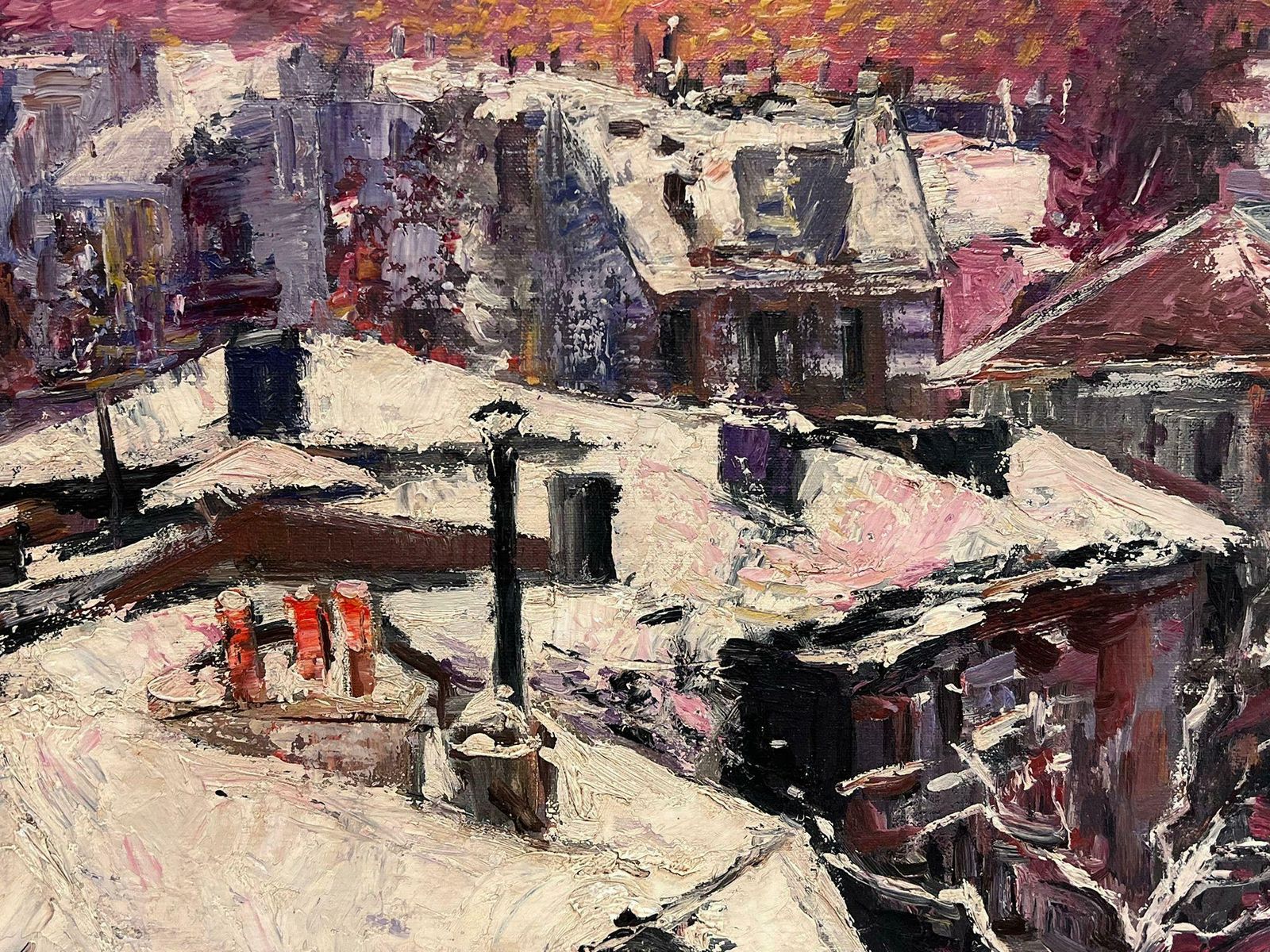 Paul Flaubertparis Roof Tops In The Snow At Dusk Signed French Impressionist Oil Painting photo vinterior
