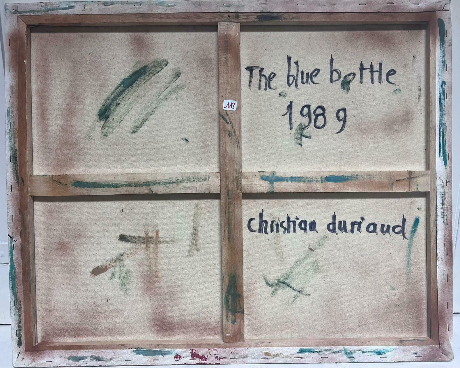 Christian Duriaud1980's French Modernist Cubist Signed Painting Still Life Fruit & Blue Bottle photo vintage