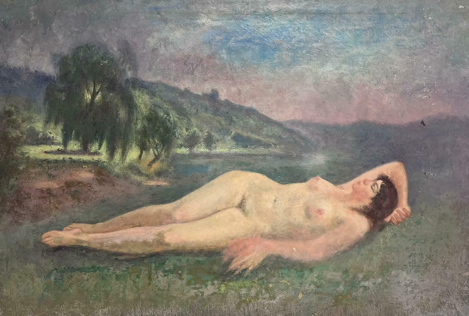 French School1930's French Post Impressionist Oil Painting Nude Lady Reclining In Meadow