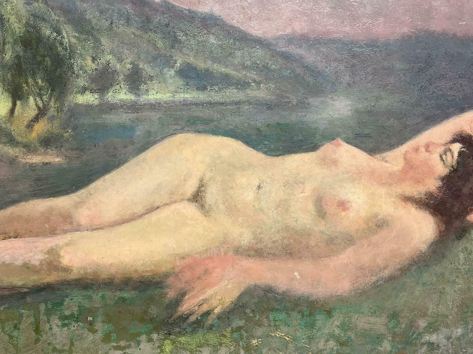 French School1930's French Post Impressionist Oil Painting Nude Lady Reclining In Meadow photo Art