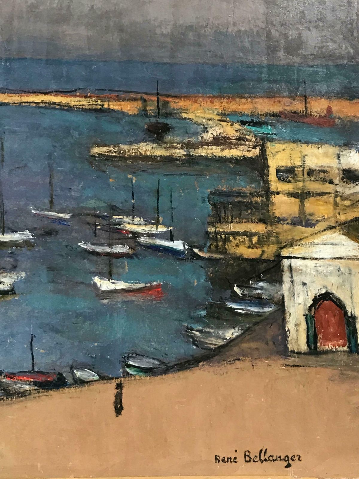 Rene Bellangerlarge 1960's French Modernist Oil Boats In Blue Harbour, Salon Des Independants photo for sale
