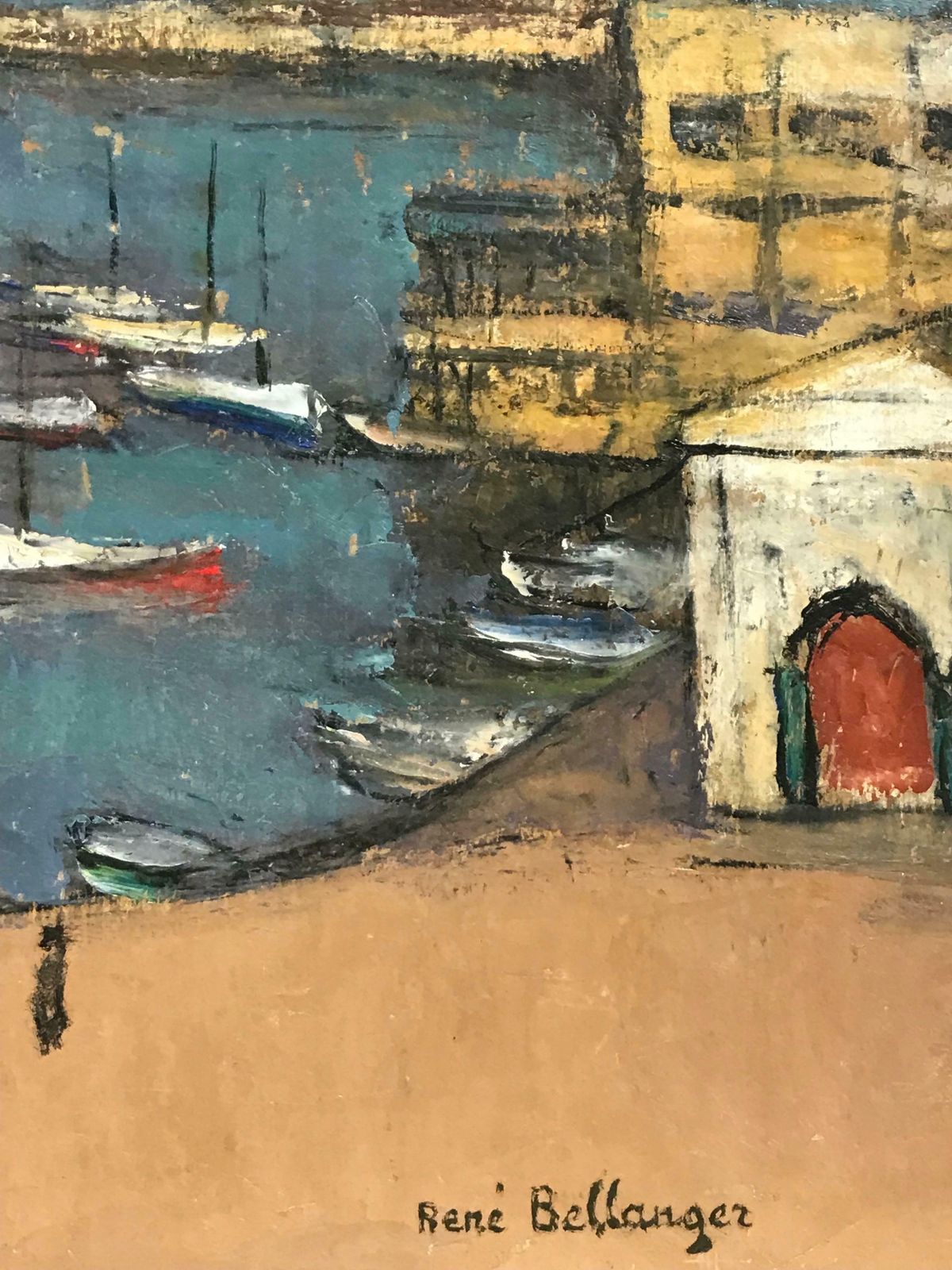 Rene Bellangerlarge 1960's French Modernist Oil Boats In Blue Harbour, Salon Des Independants photo 1430.0