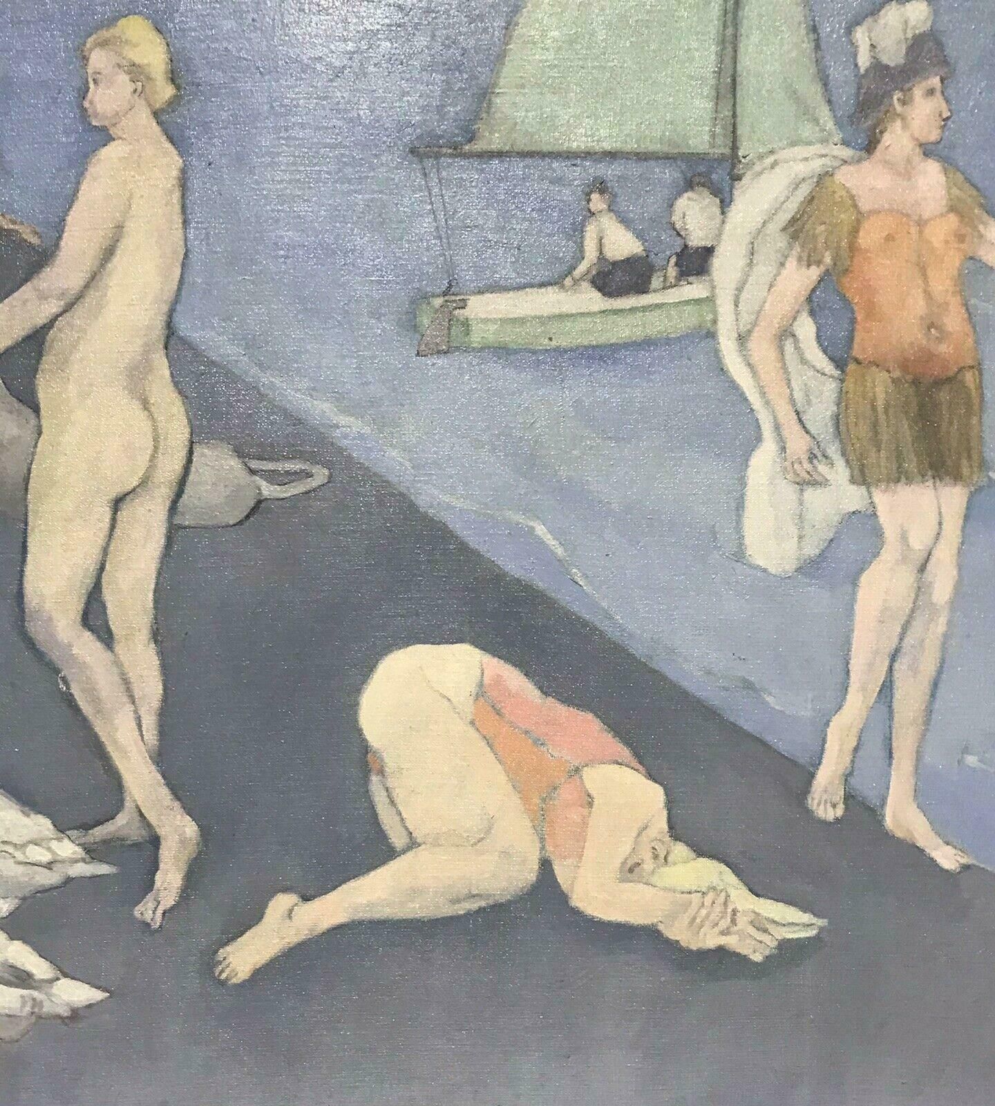 Unknownlarge 20th Century Surrealist Oil Male & Female With Swans   Sailing Boatsc. 1980's photo Art