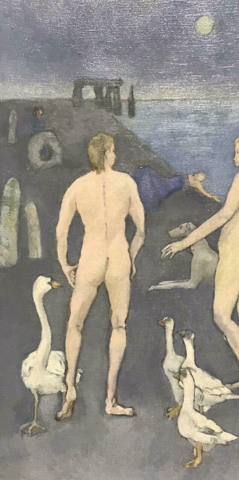 Unknownlarge 20th Century Surrealist Oil Male & Female With Swans   Sailing Boatsc. 1980's photo vinterior