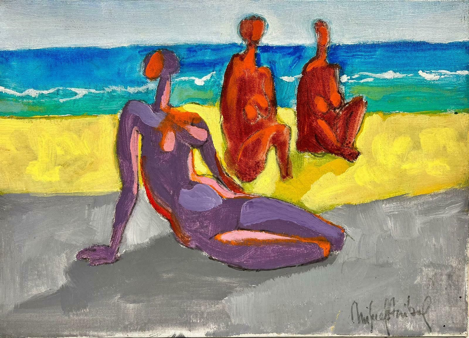 Miguel Anibalcontemporary Abstract Oil Painting Nude Figures On Sunny Beach, Chilean Artist