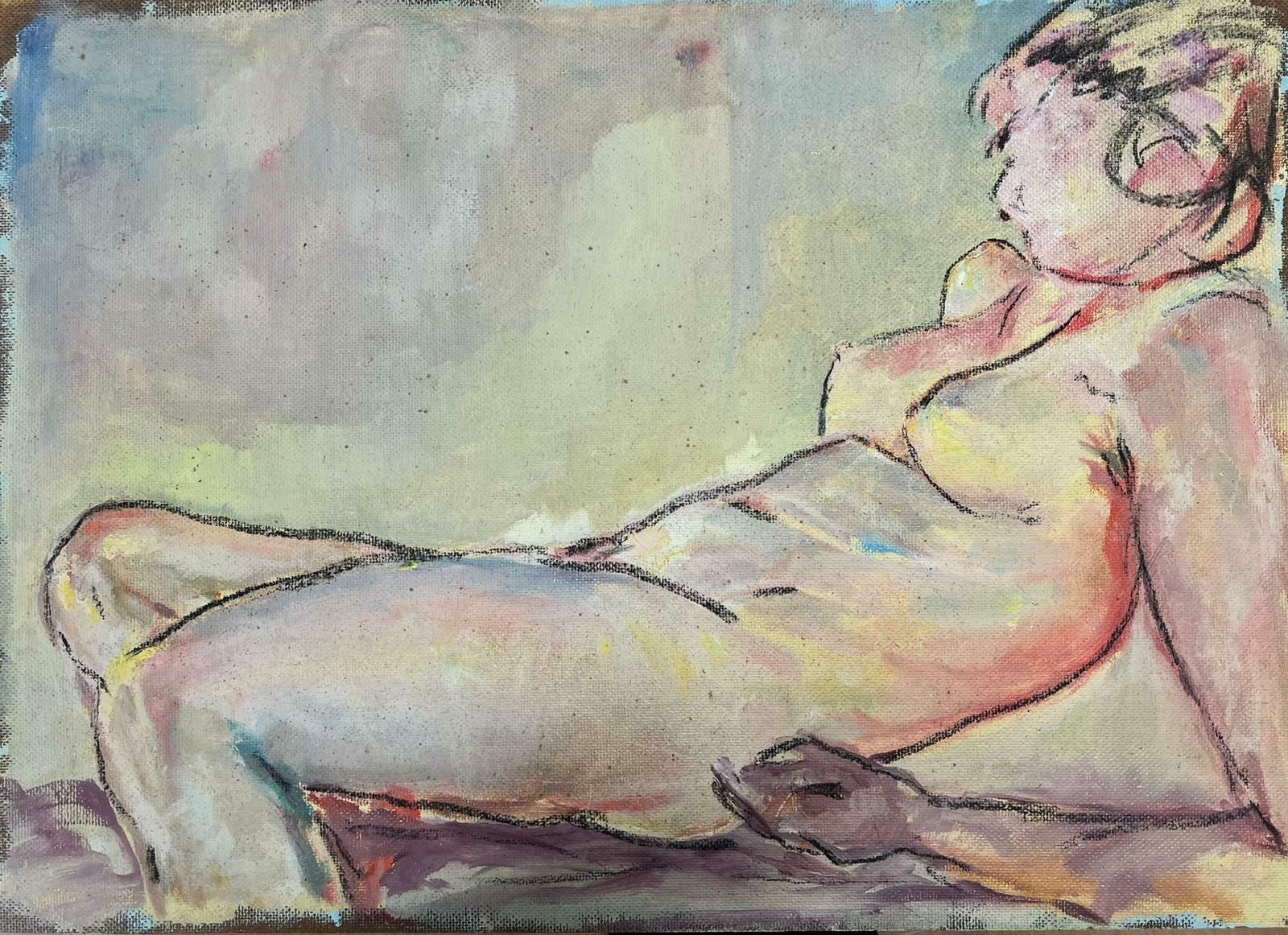 British 20th Centurynude Lady Reclining Model Sketchy 20th Century Beige Earthy Tones Oil Painting photo furniture