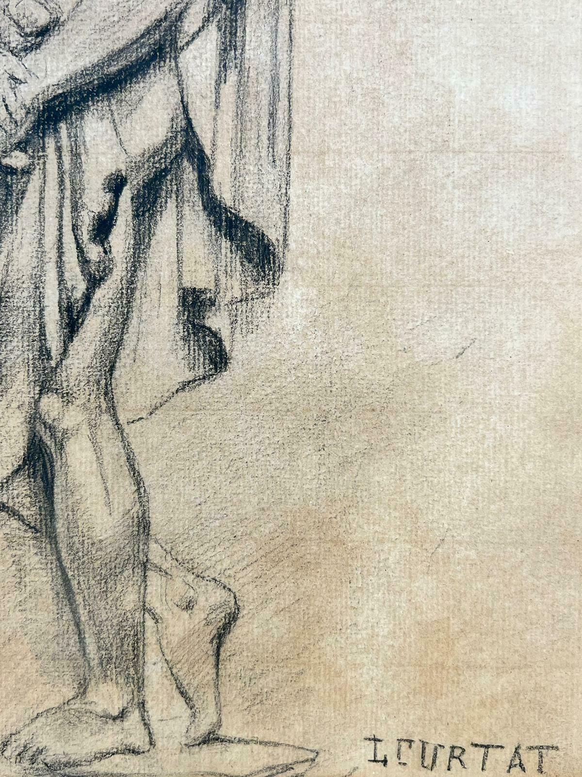 French Schoolclassical Roman Nude Man Draped In Robes, Signed French Drawing photo for sale