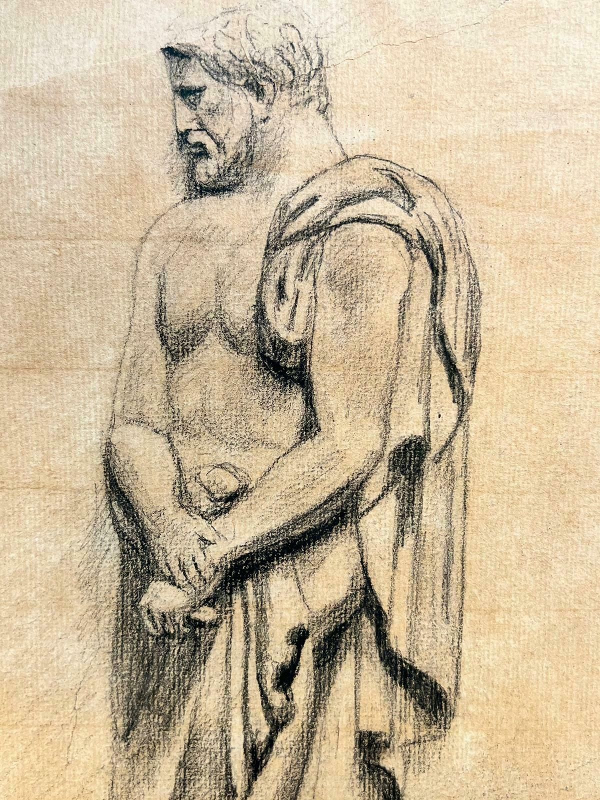 French Schoolclassical Roman Nude Man Draped In Robes, Signed French Drawing photo Art