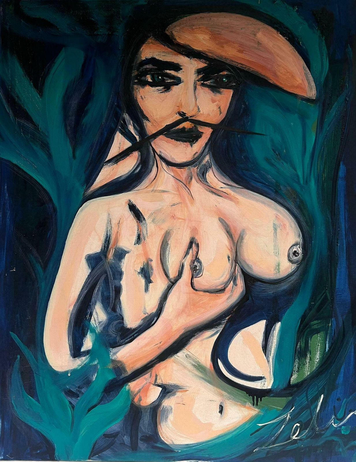 Huge 20thc French Abstractabstract Nude Lady With Dali Style Moustache Very Large French Oil Painting