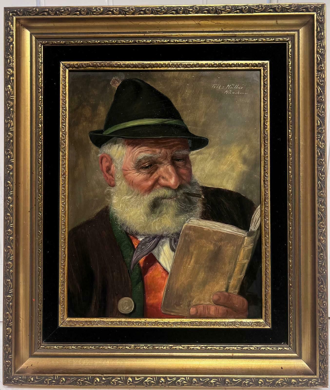 Fritz Mullerfine German Portrait Of Elderly Man With Beard Enjoying A Smoke And Reading Book photo furniture
