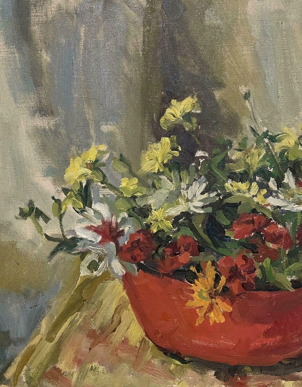 British Mid 20th Centurylarge Mid 20th Century Signed Oil Painting Still Life Flowers In Interior photo for sale