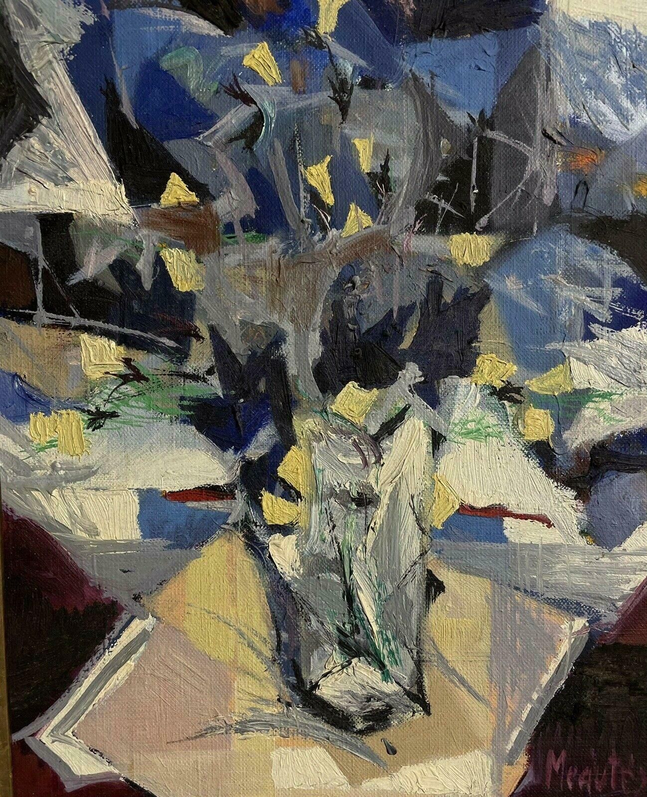 French Cubist1970's French Cubist Abstract Oil Painting Signed, Blue & White Flowers In Vase1970's photo Art
