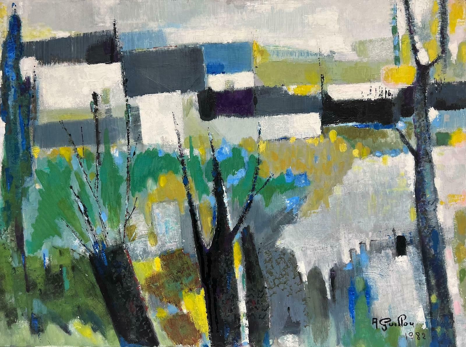 Andre Guillou1980's French Modernist Signed Oil Abandoned Village Cubist Houses In Landscape1982