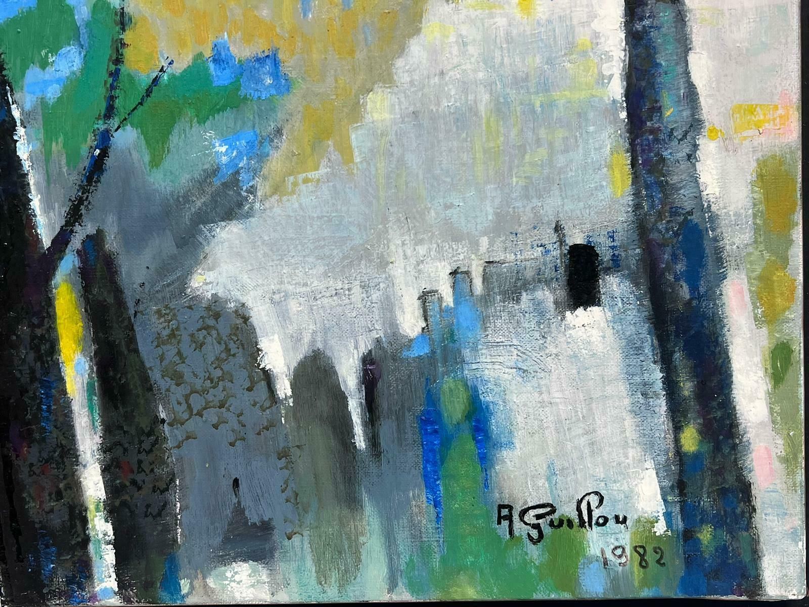 Andre Guillou1980's French Modernist Signed Oil Abandoned Village Cubist Houses In Landscape1982 photo for sale