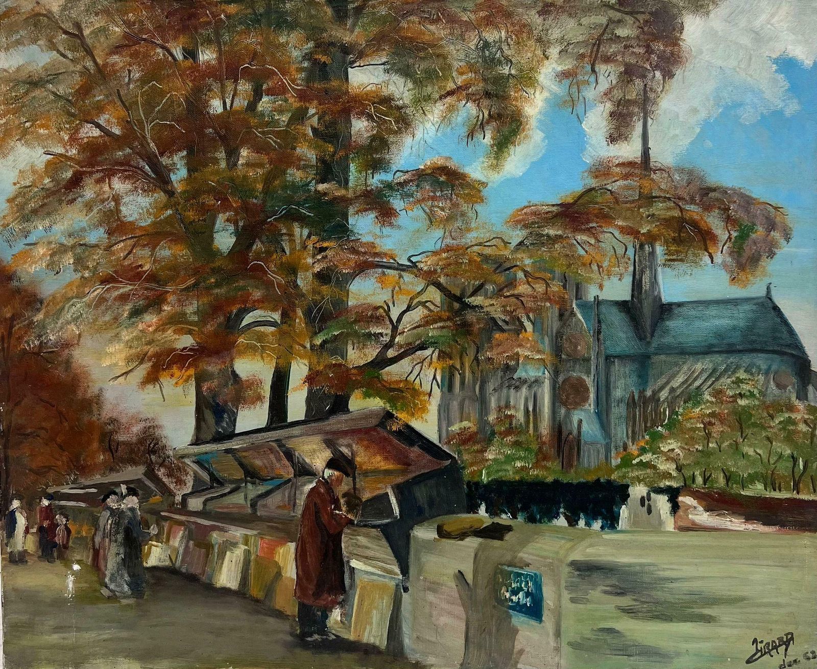 French School1960's French Impressionist Signed Dated Oil Book Sellers River Seine Paris