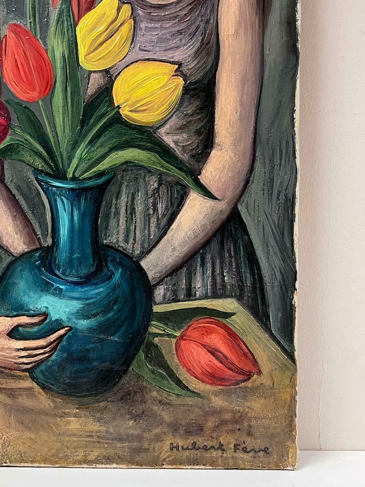 French School1950s French Signed Modernist Oil Painting Young Ladies With Tulips photo 1532.0