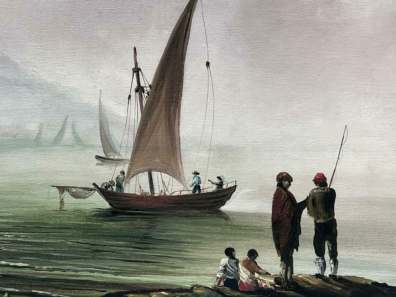 English Artistfishing At Dawn Old Trading Port With Many Figures Large Oil Painting photo for sale