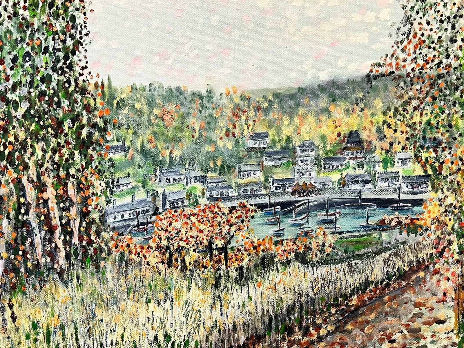 Contemporary British Pointillist Style River Landscape With Trees & Far Reaching View Of Town photo vinterior