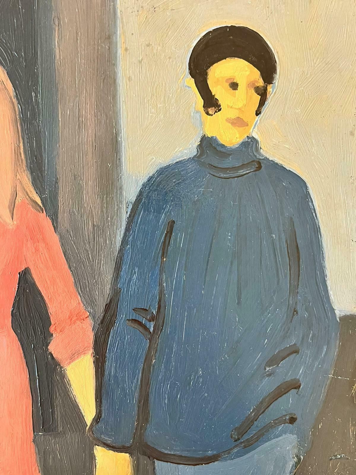 French School1960's French Modernist Oil Painting Fashionable Couple Holding Hands Pink & Blu photo furniture
