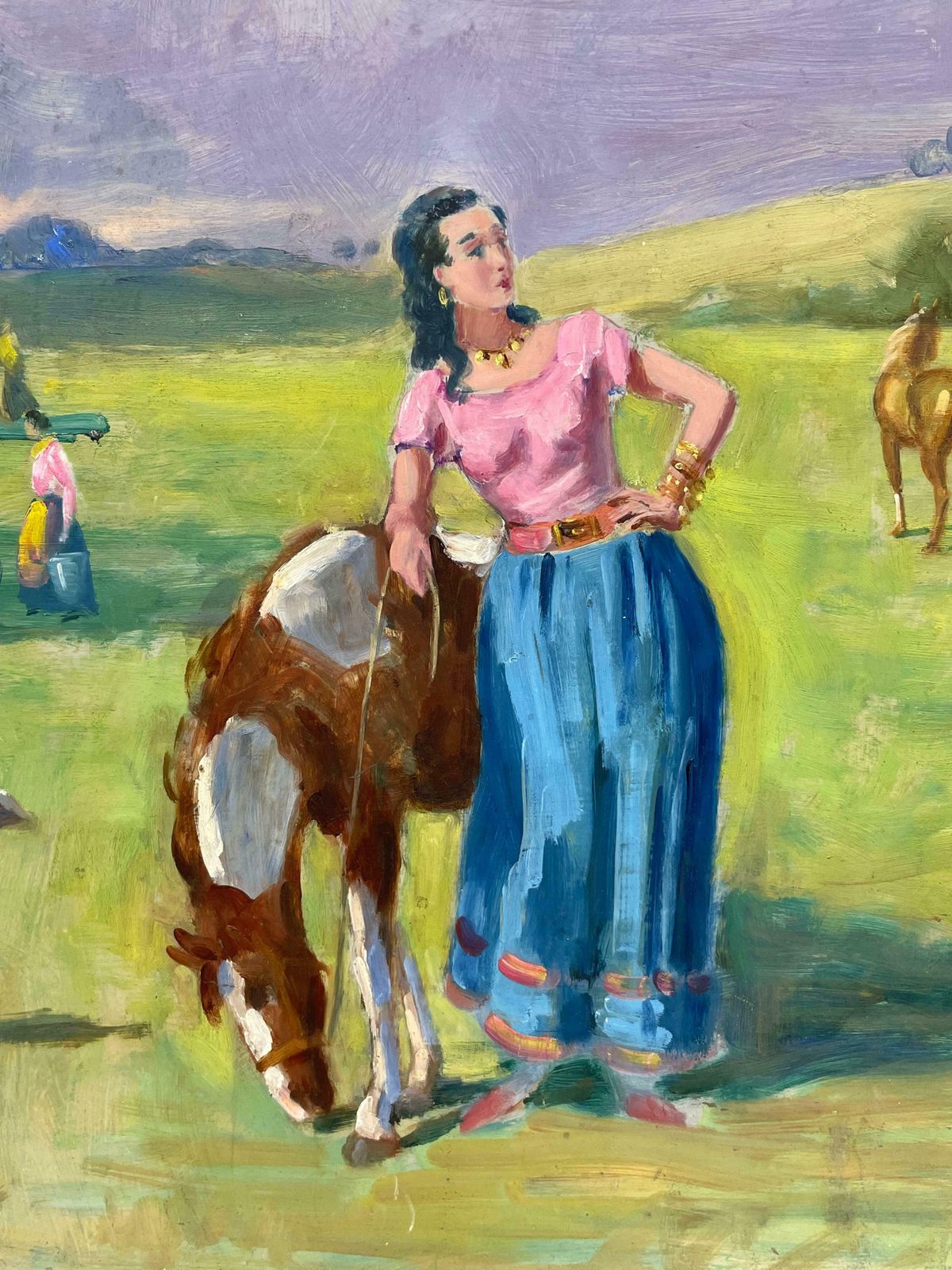 English Mid Century1950's English Oil Travelers Outside Gypsy Caravans With Horses In Landscape1950's photo vinterior