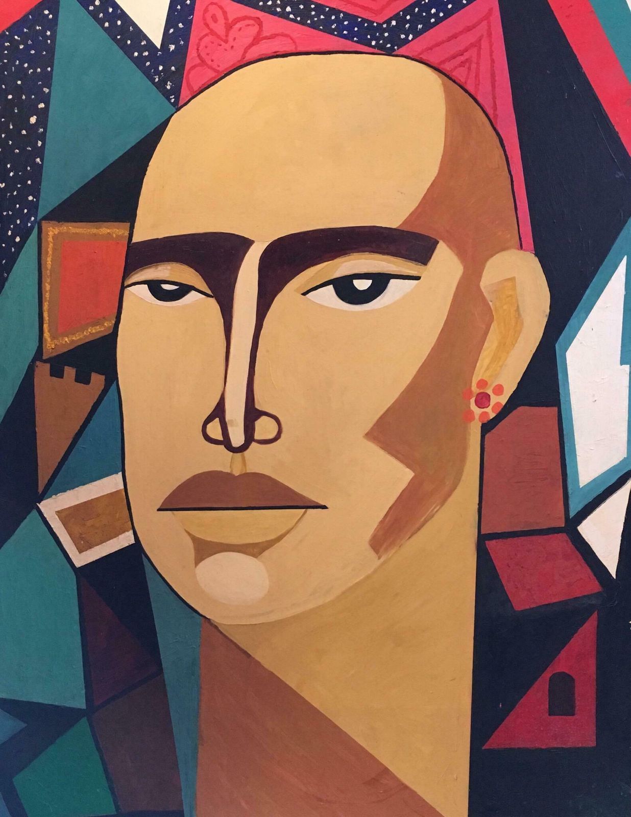Unknownhuge Colourful Male Portrait Geometric Cubist Original Oil Painting C.1960s