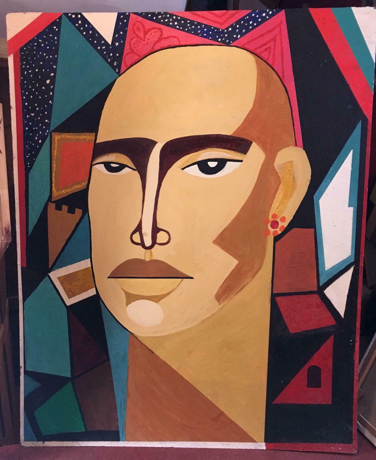 Unknownhuge Colourful Male Portrait Geometric Cubist Original Oil Painting C.1960s photo furniture