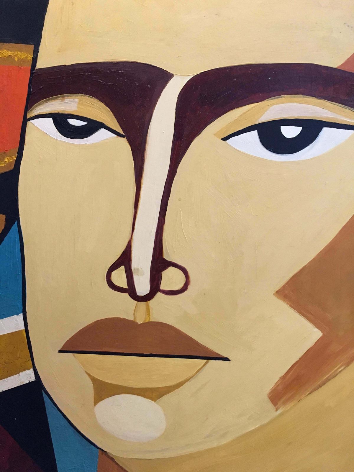 Unknownhuge Colourful Male Portrait Geometric Cubist Original Oil Painting C.1960s photo Art