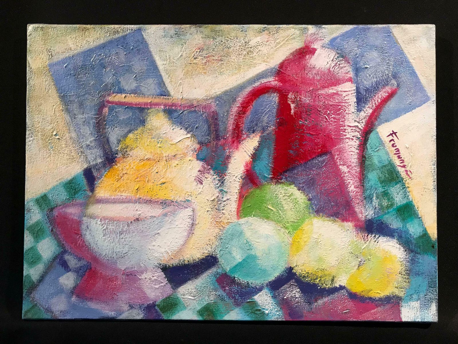 Jean Yves Fromangepetit Dejeuner French Cubist Signed Paintingc.1980's photo furniture