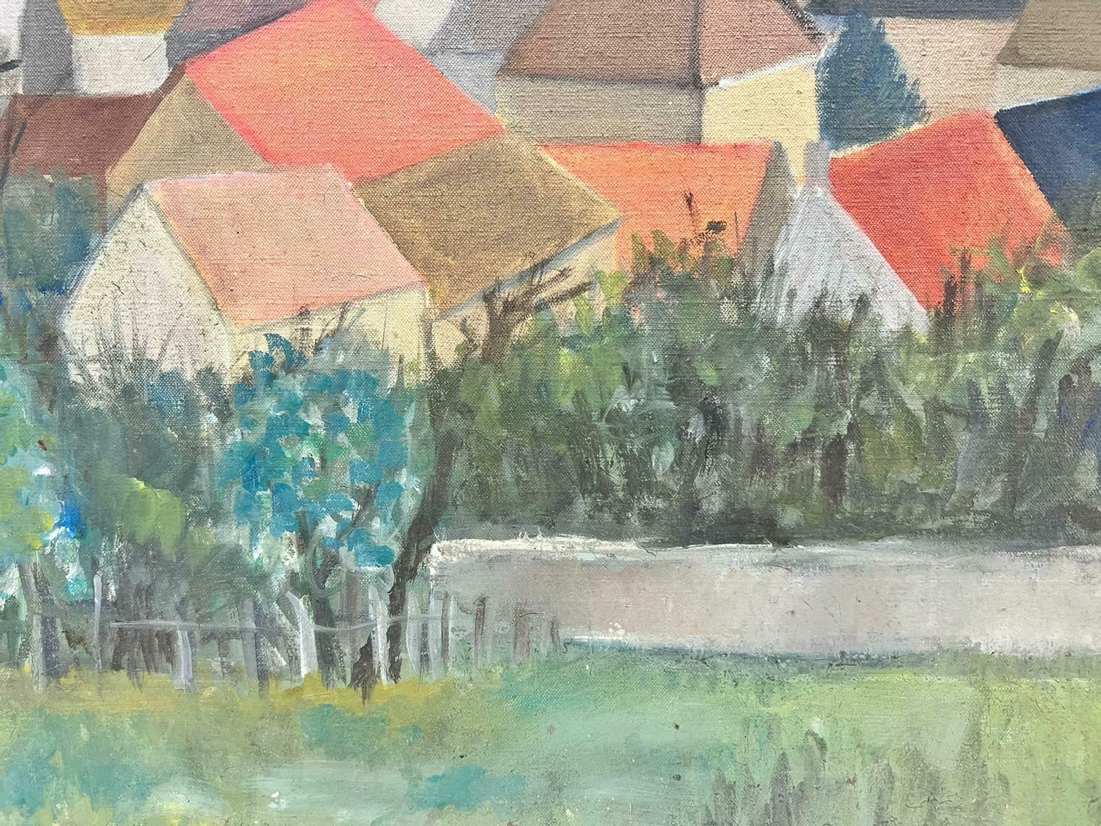 French Post Impressionistmid Century French Cubist/ Post Impressionist Oil Red Roof Houses In Landscapec. 1940's photo 970.0