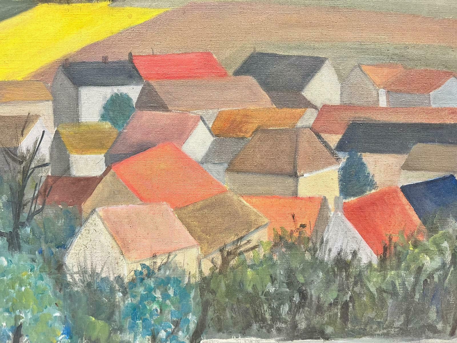 French Post Impressionistmid Century French Cubist/ Post Impressionist Oil Red Roof Houses In Landscapec. 1940's photo vinterior