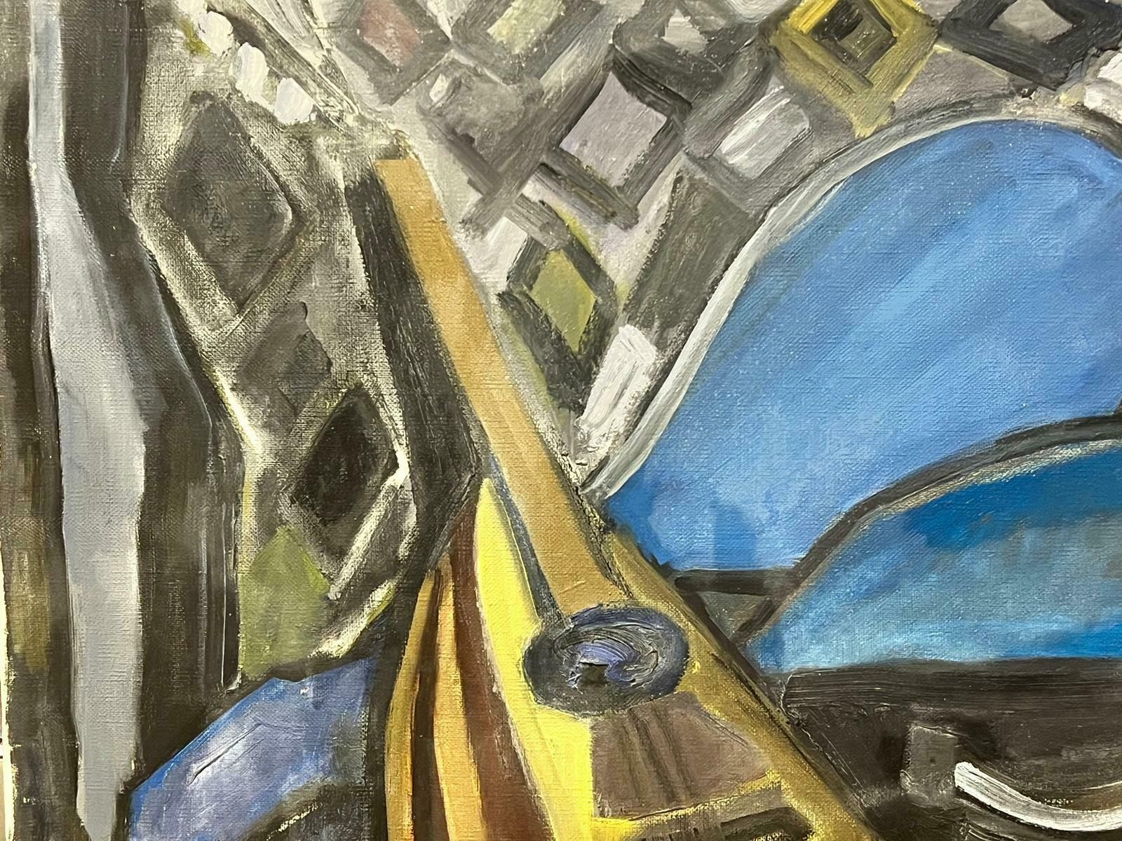 French Schoolmid Century French Cubist Still Life Oil Mandolin Abstract Interior Scene photo for sale