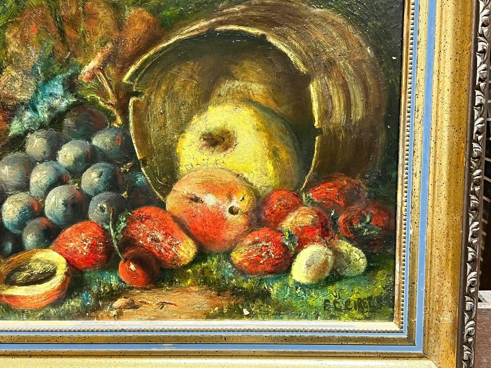 Still Life Of Fruit In A Barrel Grapes Apples Signed Antique Oil Painting photo Art