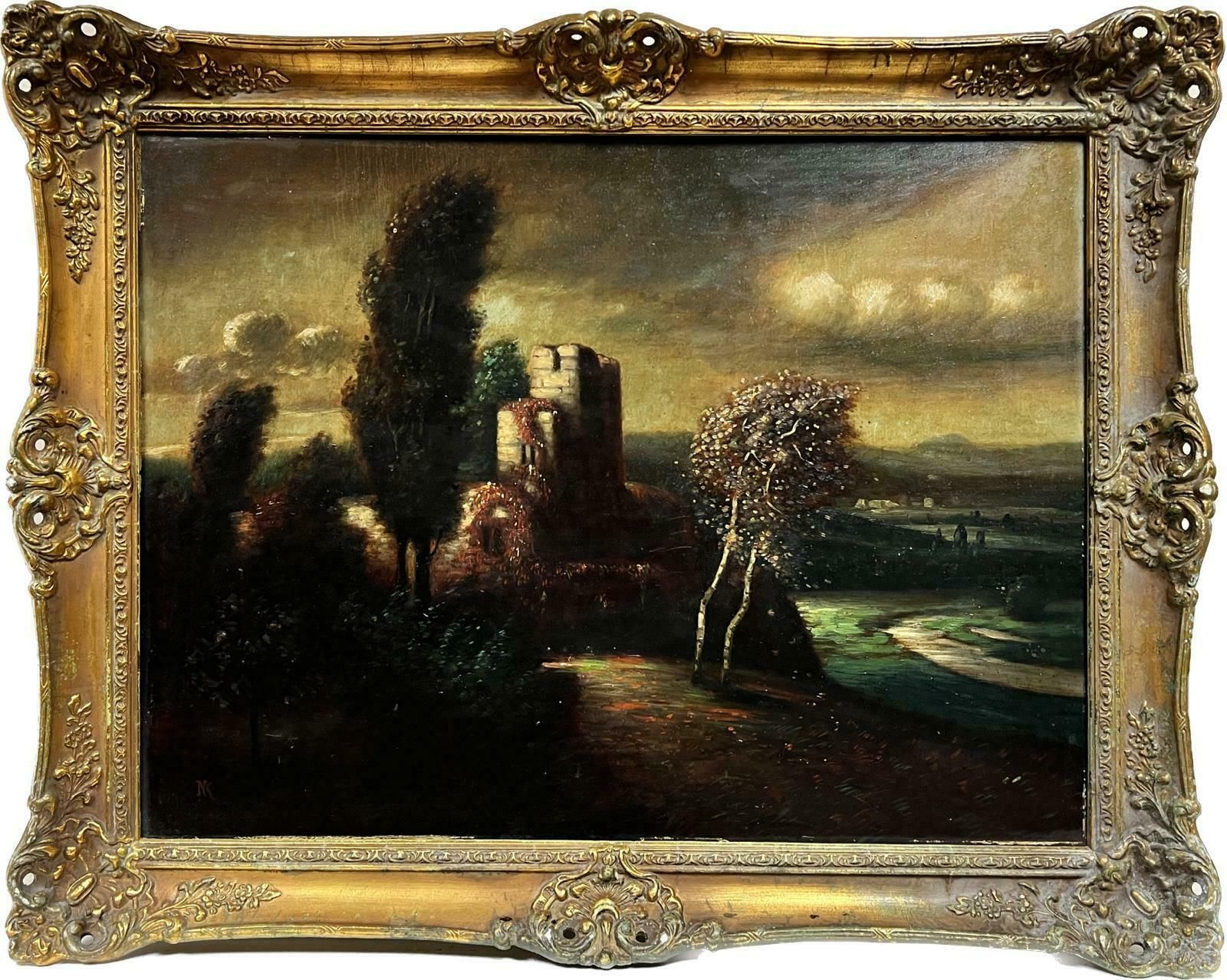 Continental Schoollarge Antique German Oil Painting Castle Ruins Twilight Landscape Gilt Framed