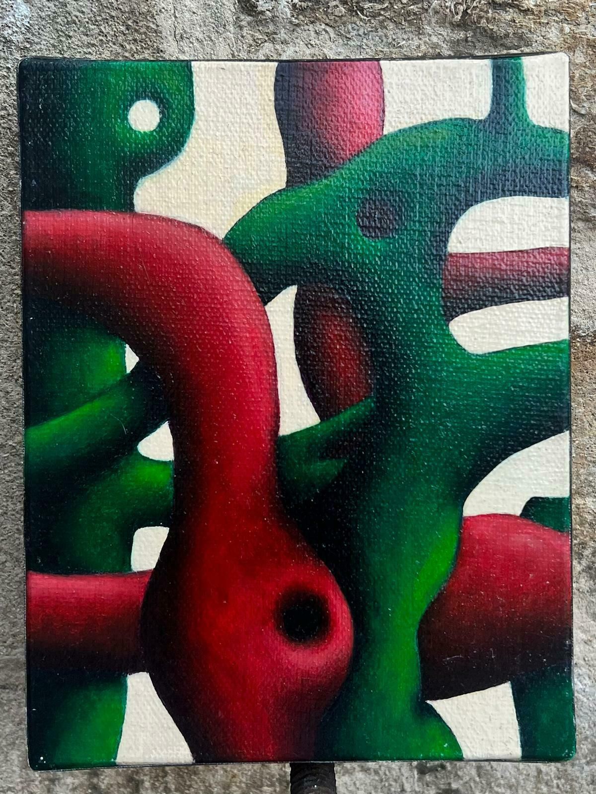 French Schoolred & Green Tubular Abstract Oil Painting French Dated 20122012 photo furniture