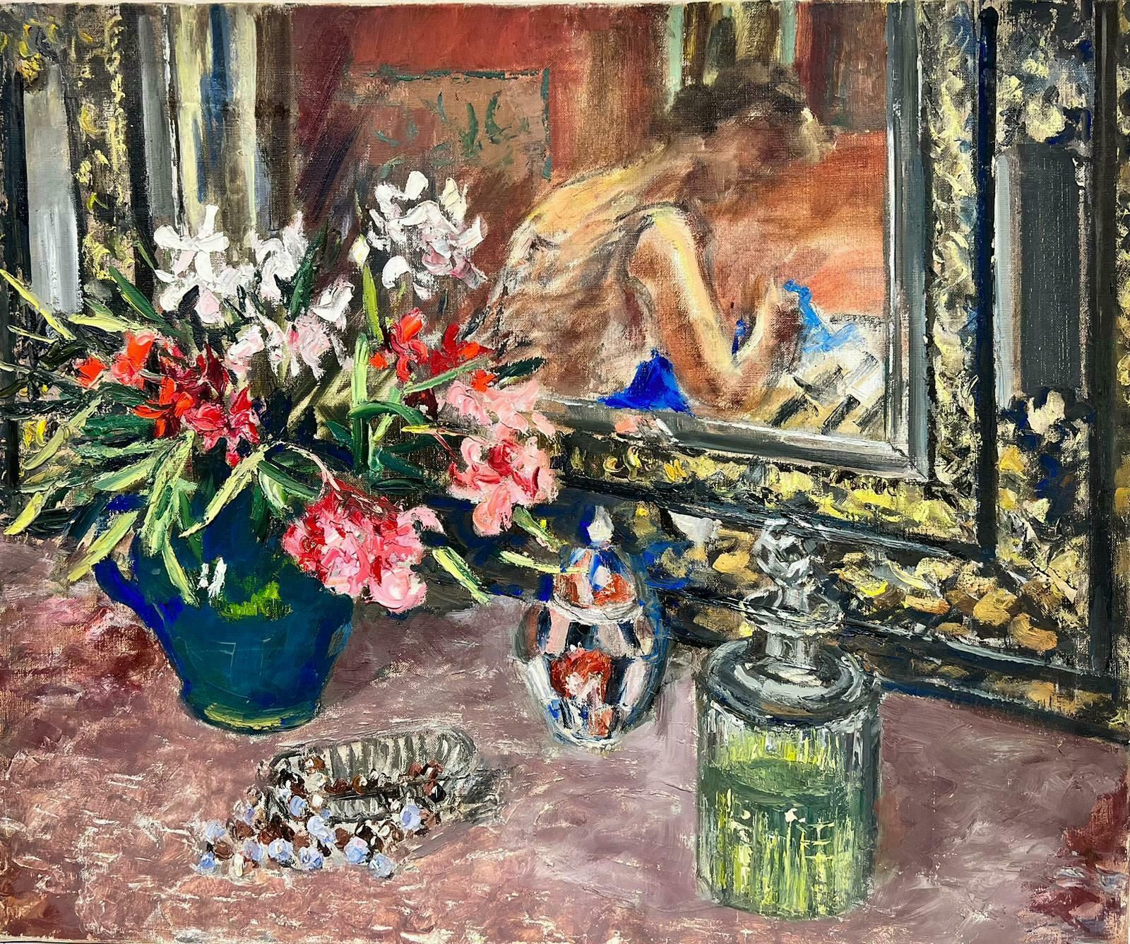 Josine Vignon1960's French Interior Scene Lady Reflection In Window Sewing Still Life Flowers1960's