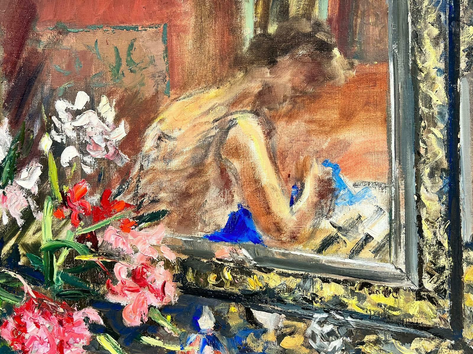 Josine Vignon1960's French Interior Scene Lady Reflection In Window Sewing Still Life Flowers1960's photo Art