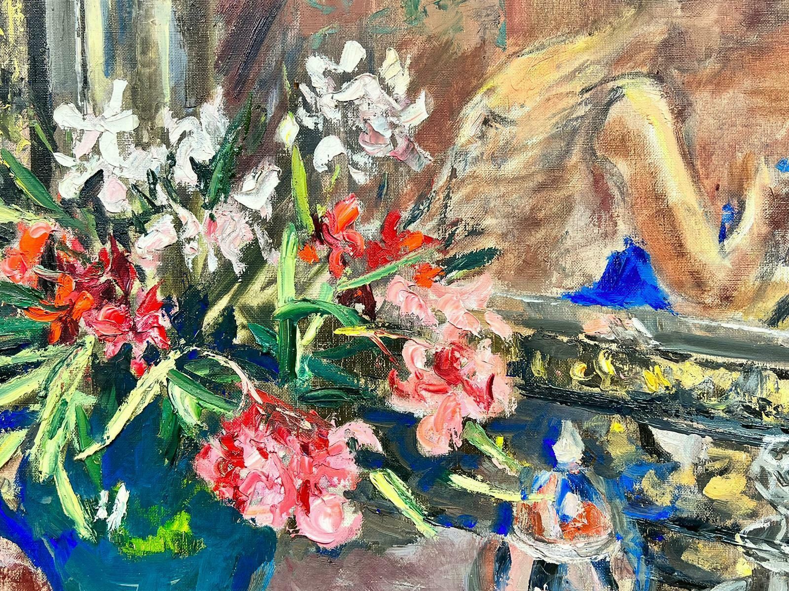 Josine Vignon1960's French Interior Scene Lady Reflection In Window Sewing Still Life Flowers1960's photo vinterior