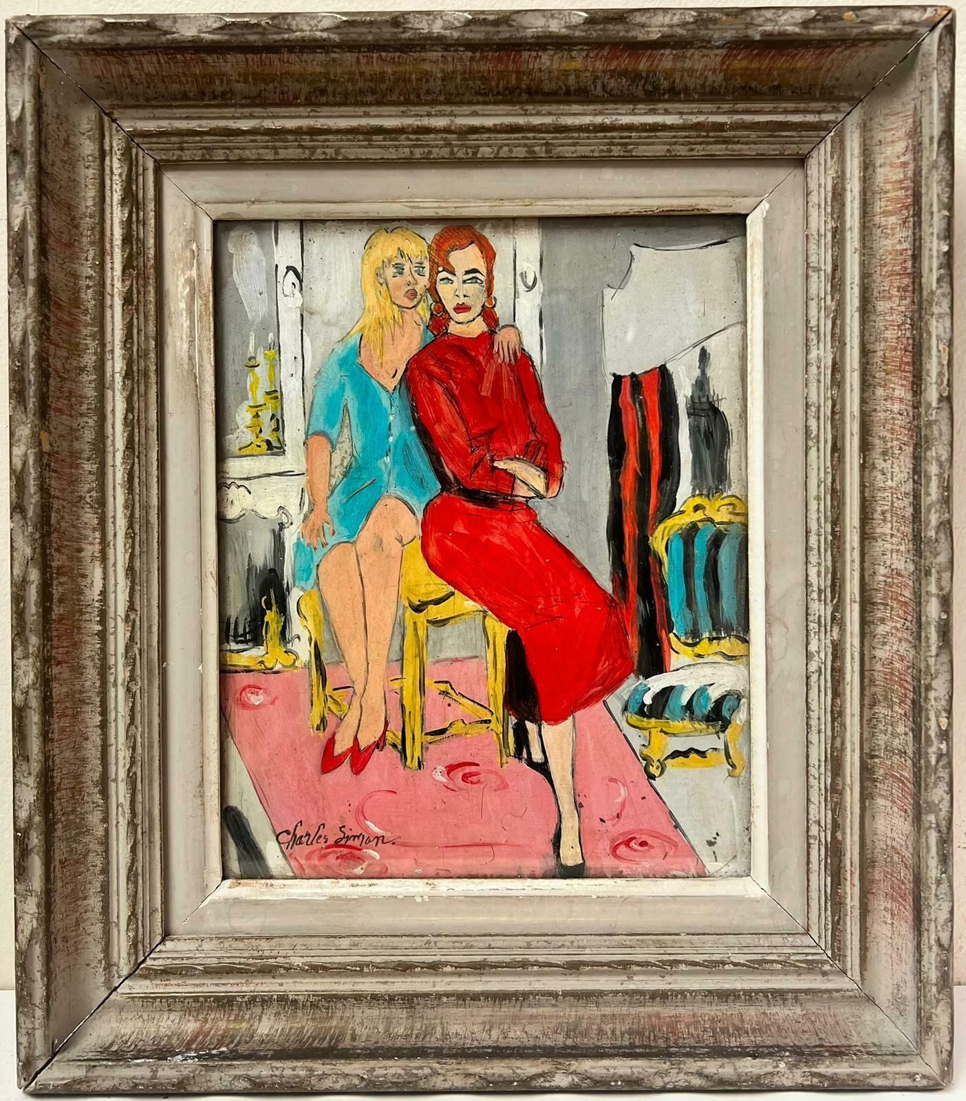 French School1960's French Modernist Signed Painting Two Fashionable Ladies In Interior Room photo furniture
