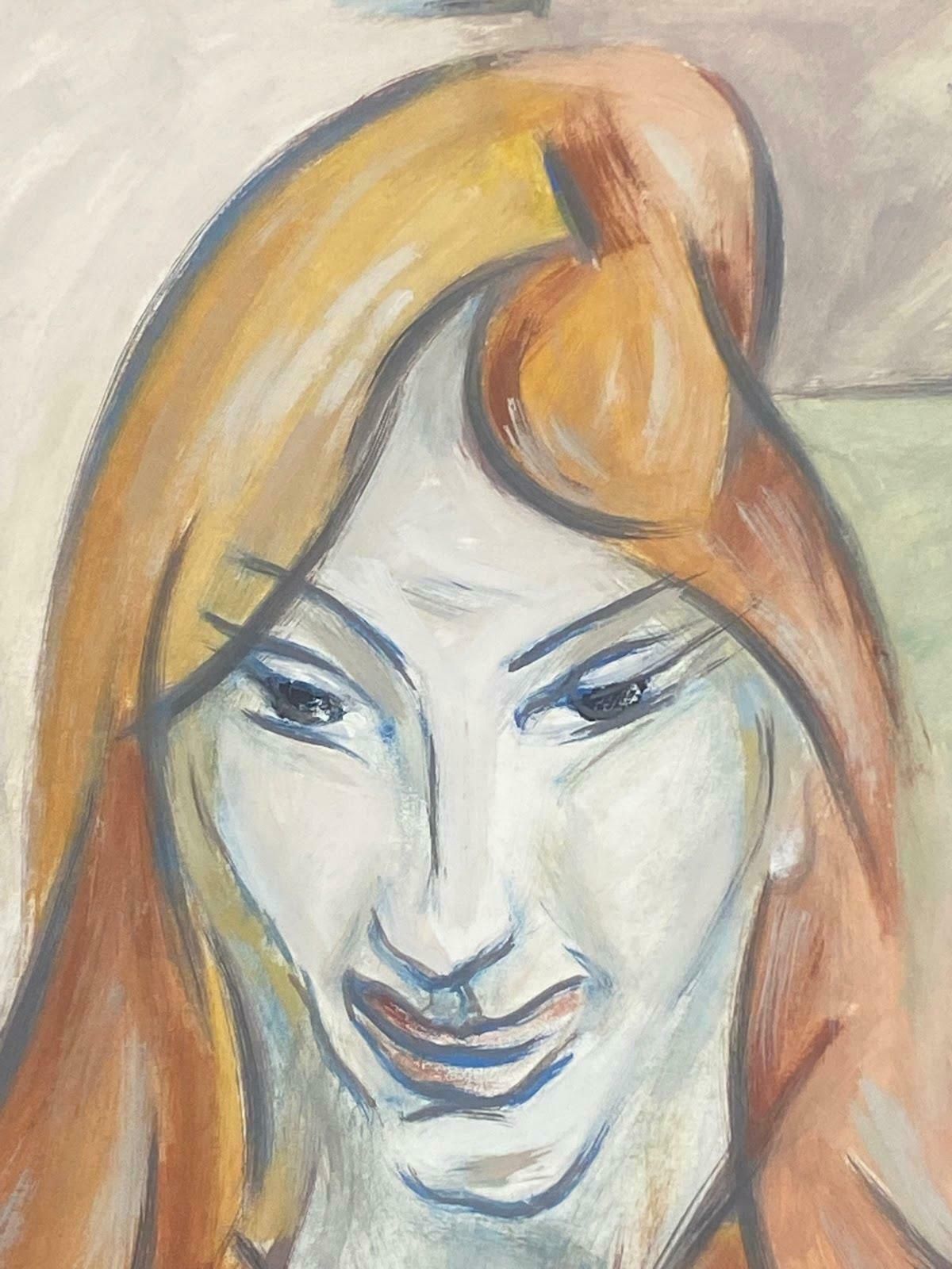 Paul Louis Bolot (French 1918 2003)French Modernist Gouache Painting Portrait Of A Bright Orange Haired Lady20th Century (1980) photo furniture