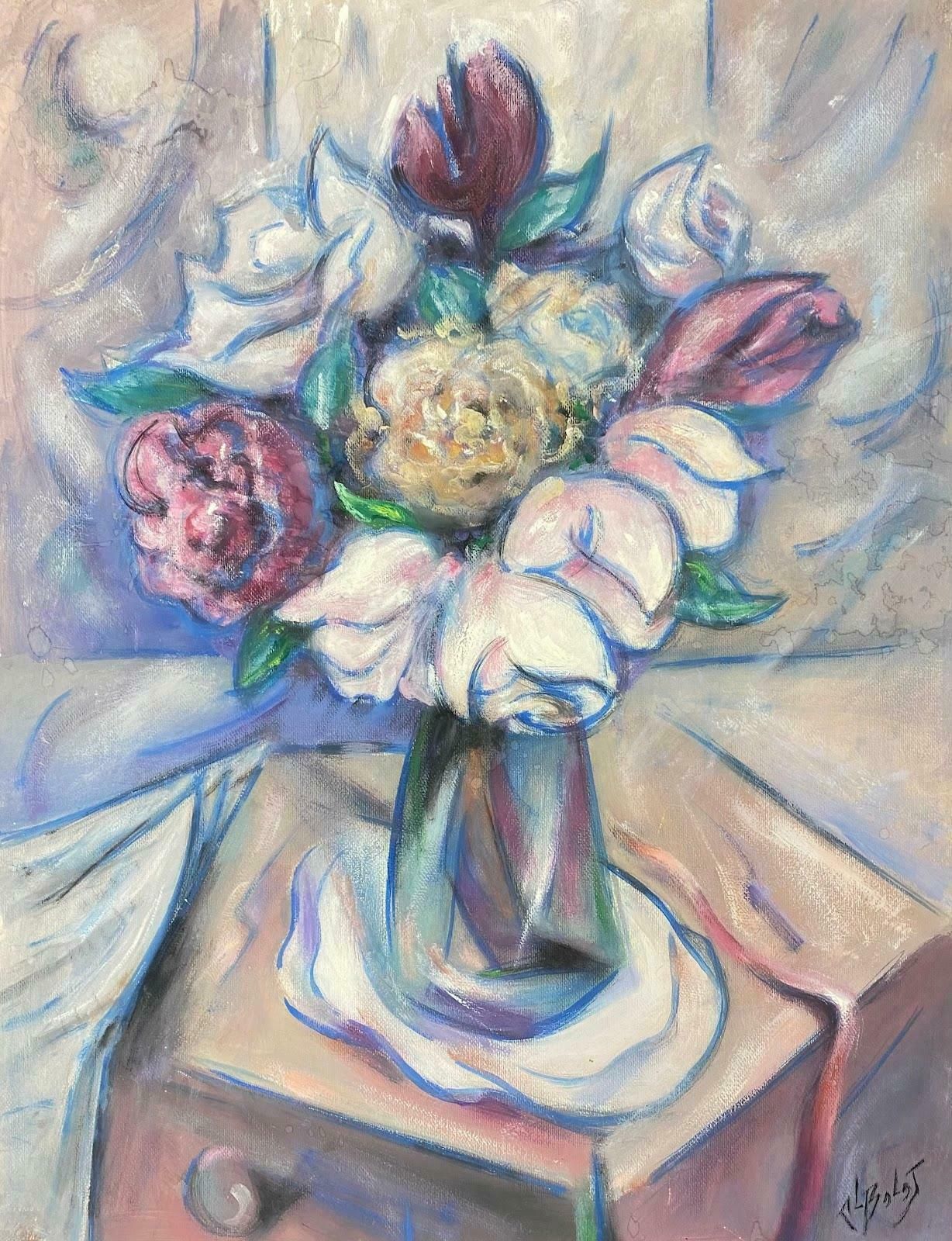 Unknown20th Century French Modernist Gouache Painting Pink And Red Tulips In Clear Vase20th Century