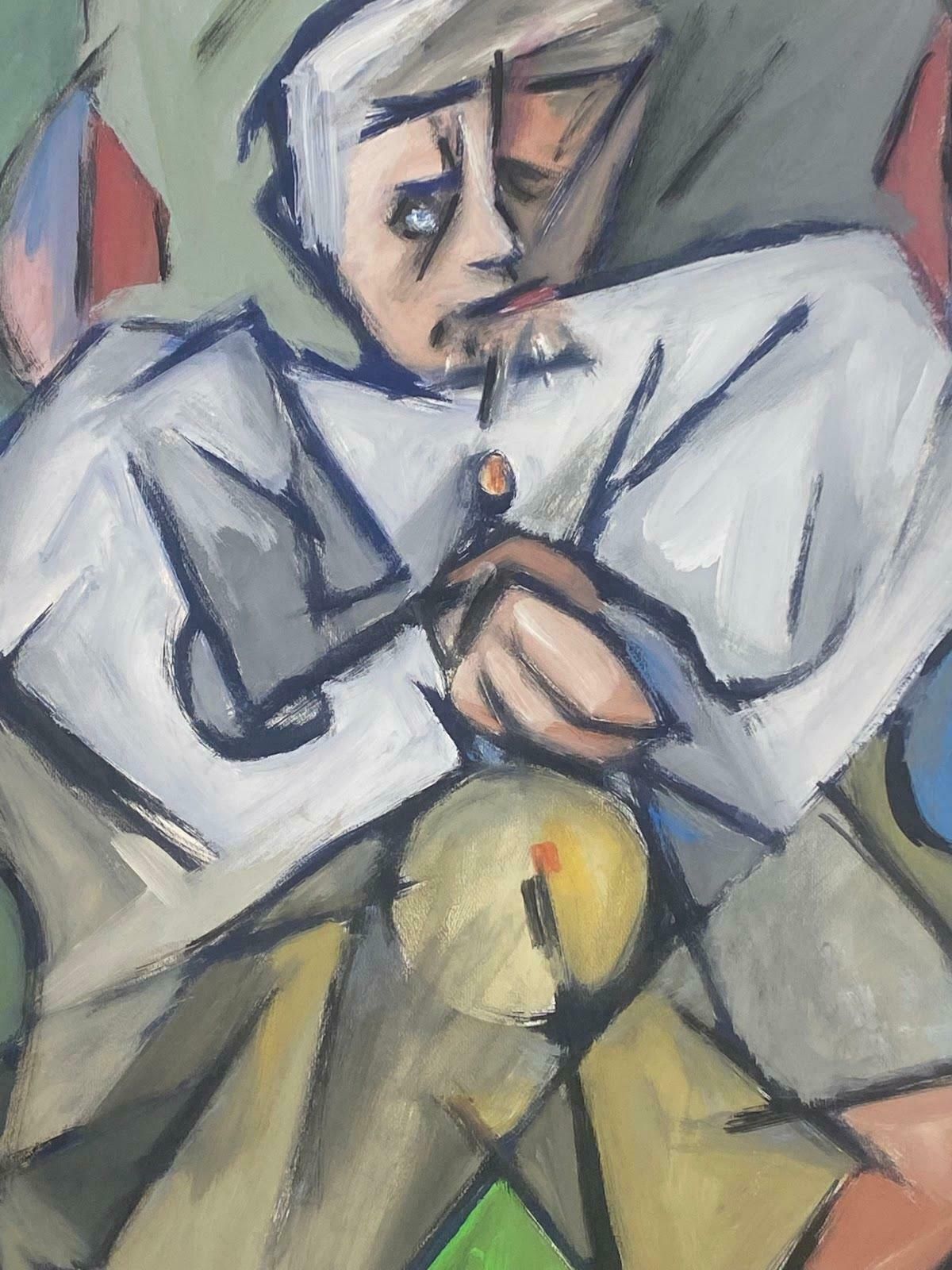 Paul Louis Bolot (French 1918 2003)french Painting Gloomy Geometric Patterns Portrait Of Elder Man Sat In Chair20th Century (1980) photo furniture