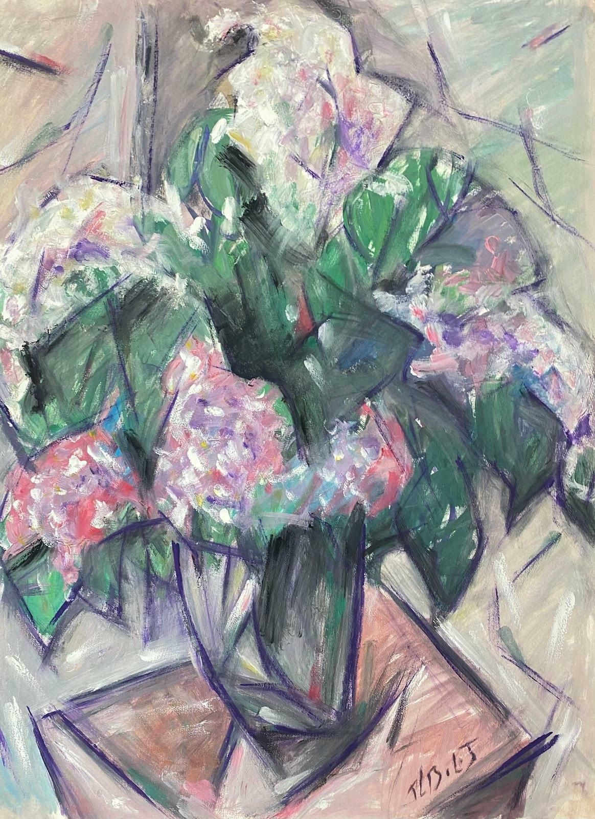 Paul Louis Bolot (French 1918 2003)20th Century French Modernist Gouache Painting Pink Dahlias Placed On Table20th Century