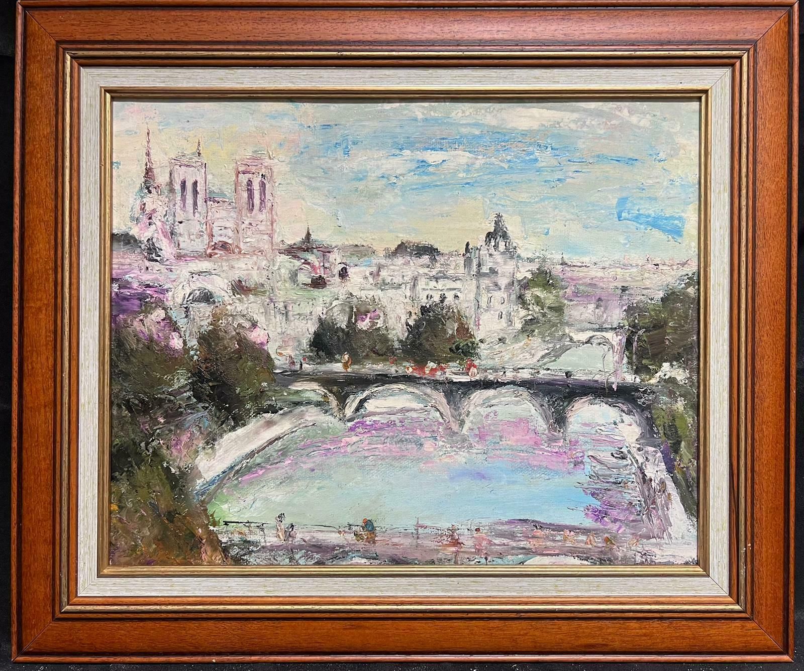 French Expressionistlarge 20th Century French Expressionist Signed Oil View Over Paris River Seine photo furniture