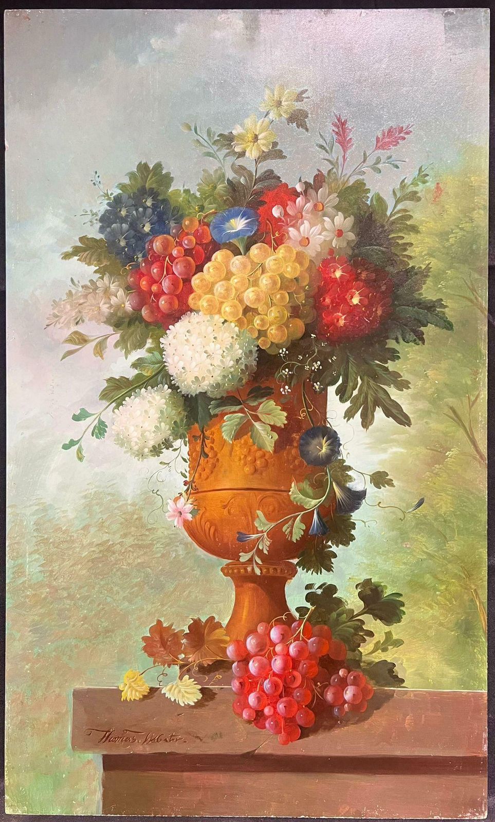 Thomas Webstervery Large Profusion Of Flowers Classical Still Life Stone Urn Oil Painting1990's photo furniture
