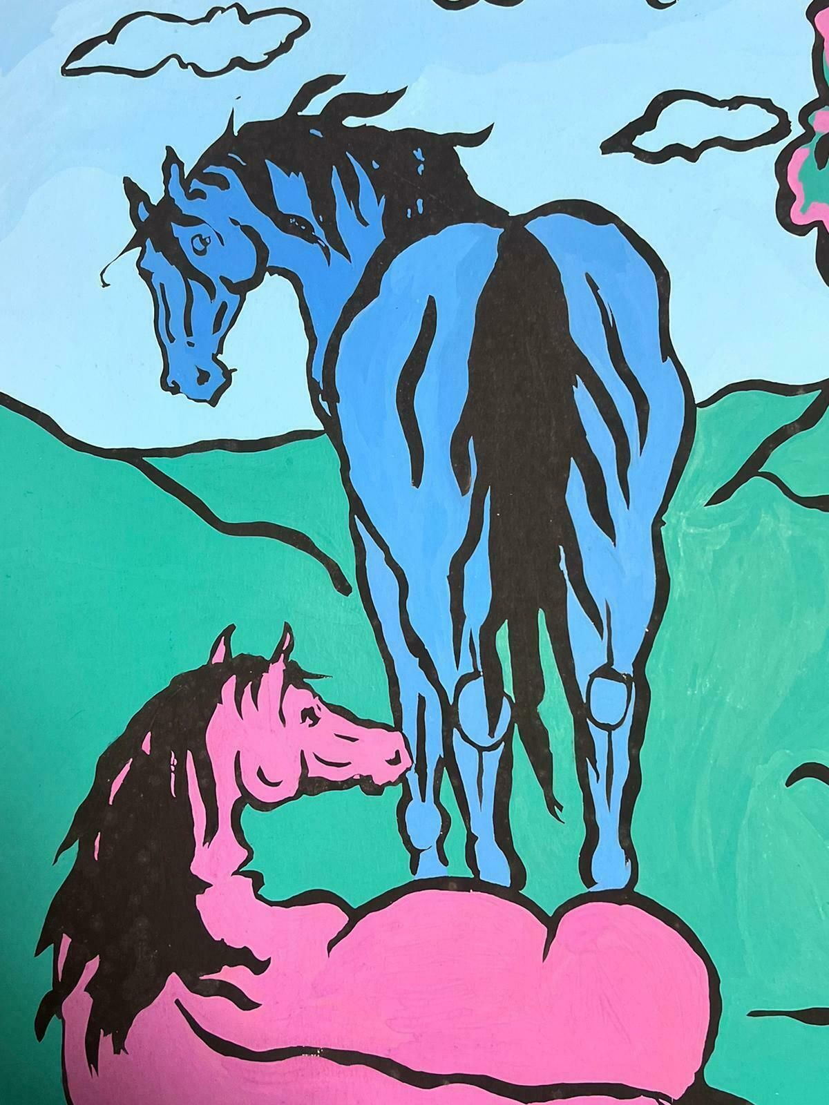 Sally Vaughancontemporary British Abstract Original Painting Pink And Blue Horse1990