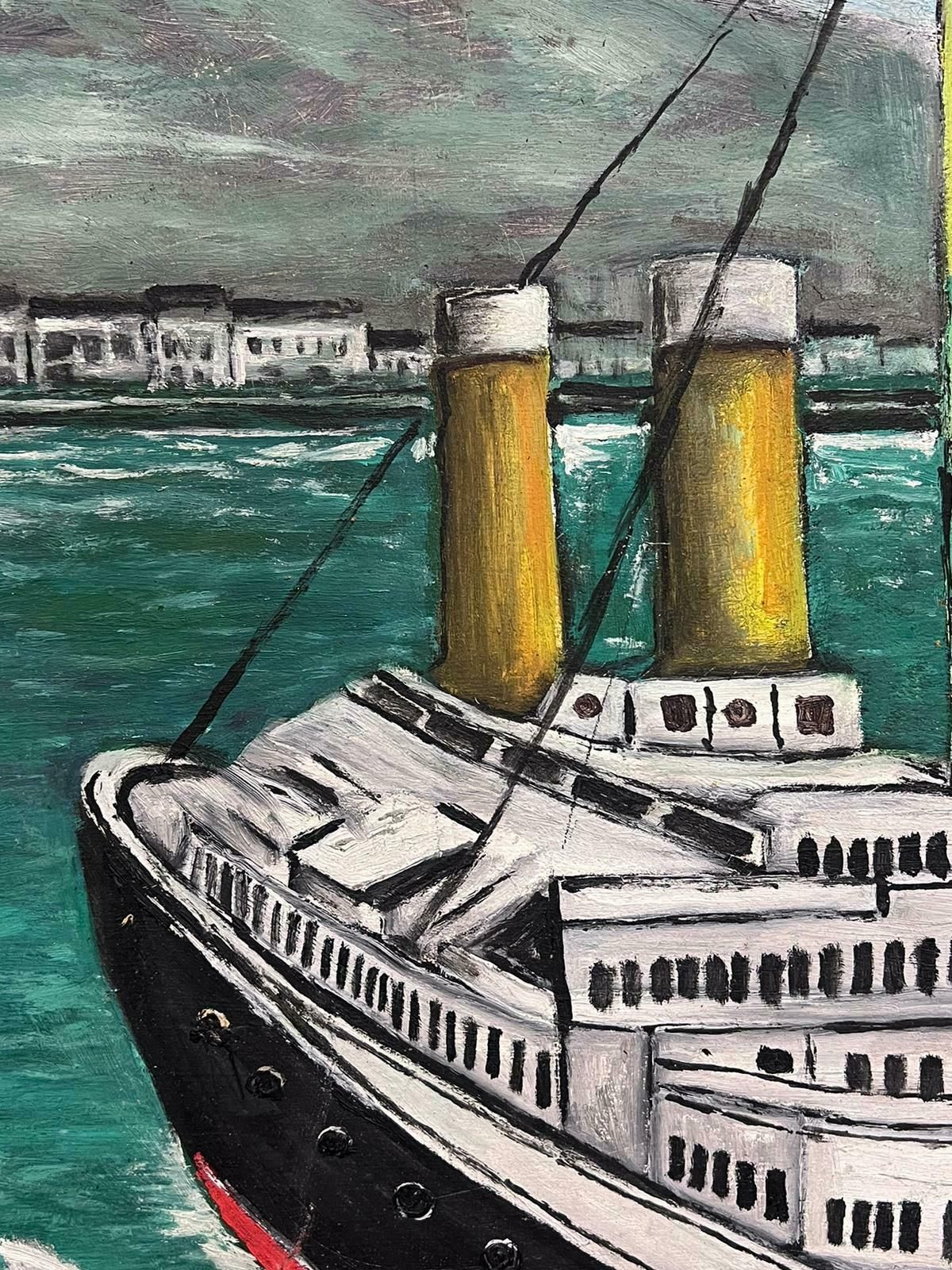 French Mid Century 1950's French Signed Modernist Oil Painting Large Ship Off The Coastline1950's photo 1022.0