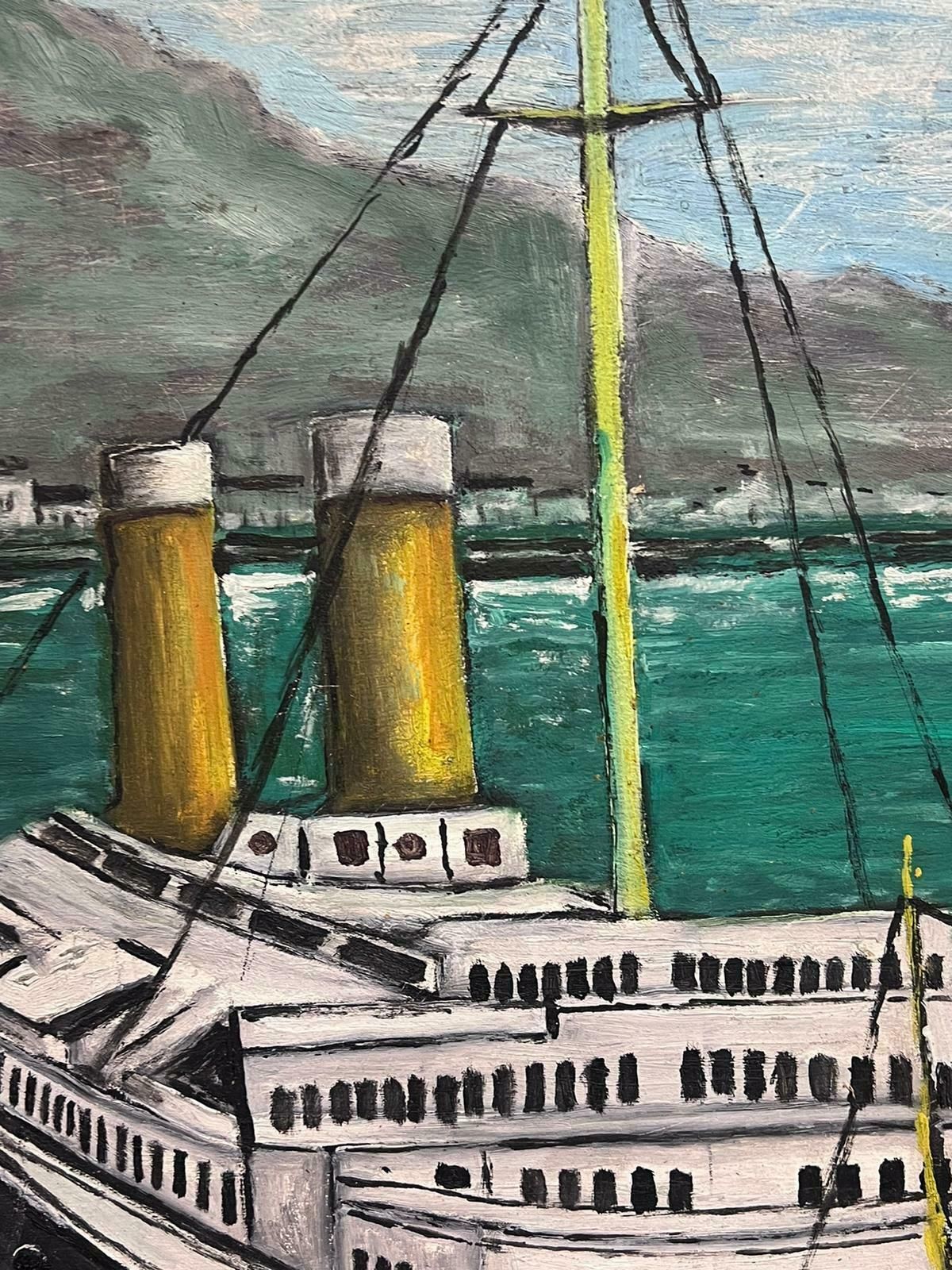 French Mid Century 1950's French Signed Modernist Oil Painting Large Ship Off The Coastline1950's photo buy