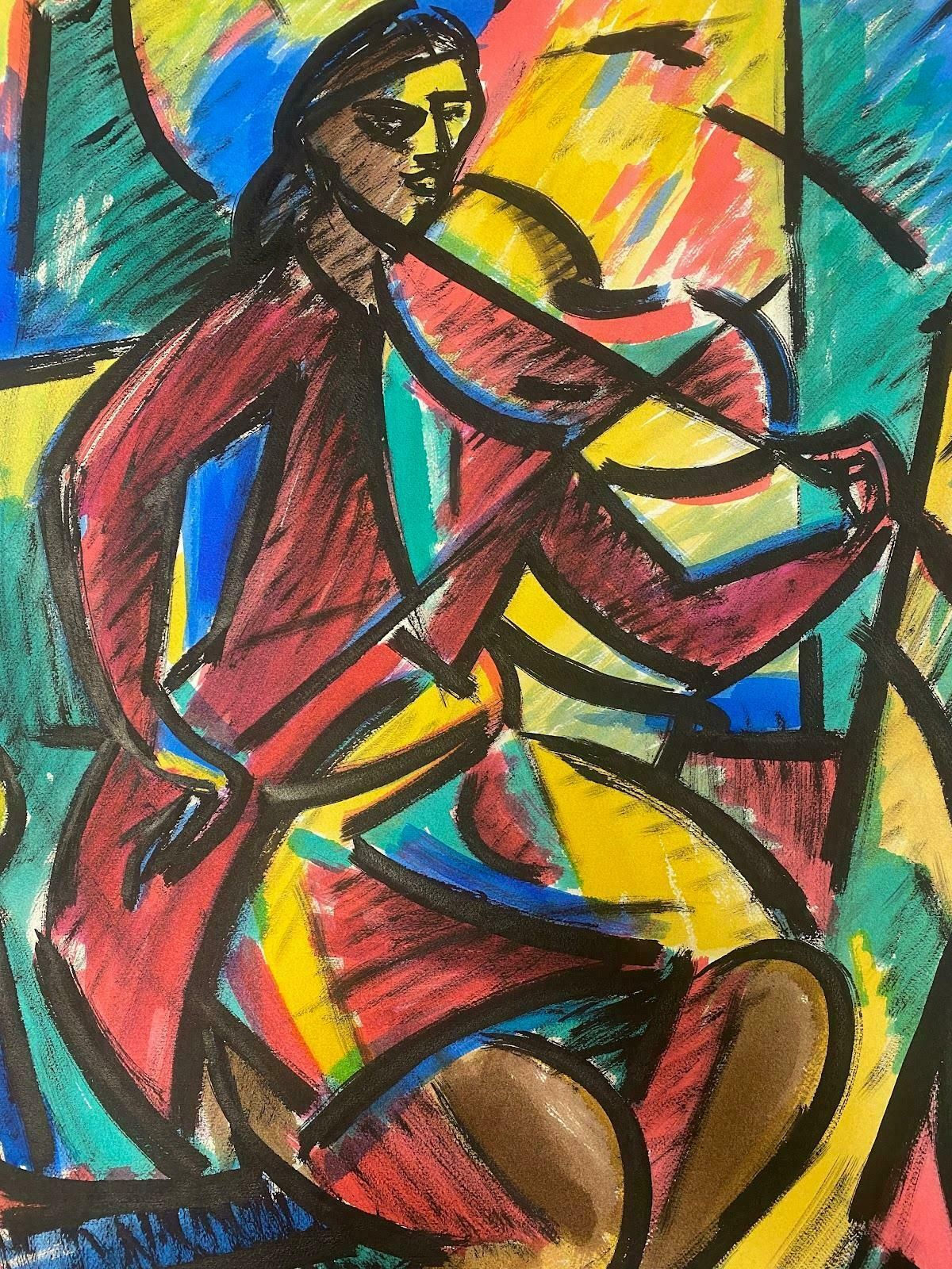 Paul Louis Bolot (French 1918 2003)1960's French Modernist Cubist Painting Gentleman In Red With Violin1968
